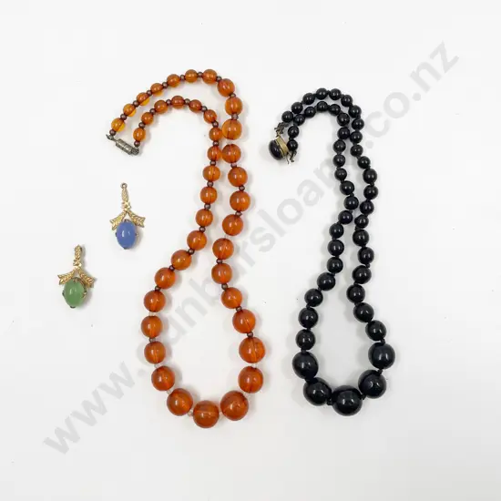 Two 9ct Mounted Agate Gem Pendants with Amber Necklace and Jet Necklace