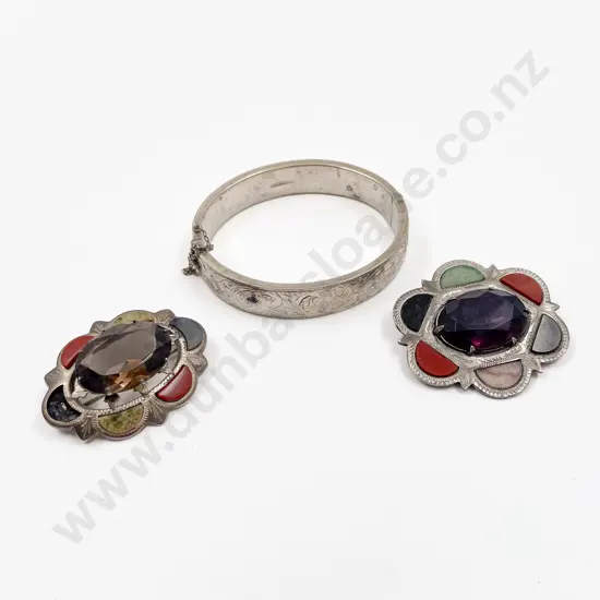 Two C1900/1920 S/S Scottish Pebble Brooches and S/S Snap Bangle