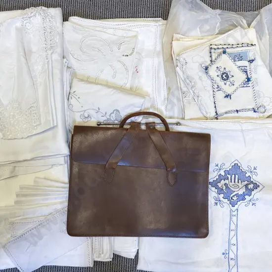 Vintage Leather Satchel with Assorted Vintage Linen