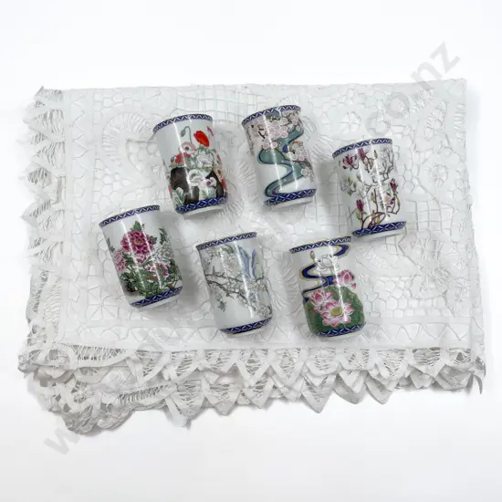 Six Fancy China Sake Cups and Pair Lace Pillowcases