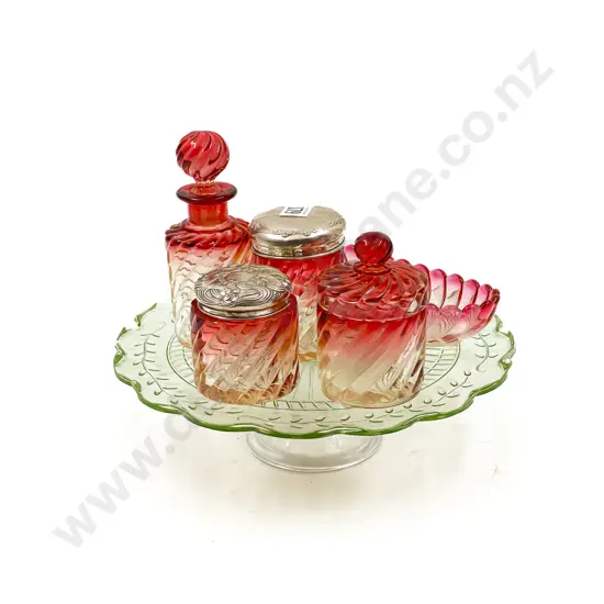 Five Piece Pressed Glass Vanity Set with Two S/S Jar Tops on Pedestal Cake Plate