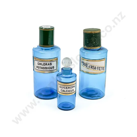 Three Vintage Blue Glass Chemist Bottles