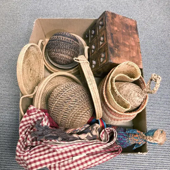 Box Qty of Assorted incl Woven Baskets and Ornaments etc *PHOTO CHANGE