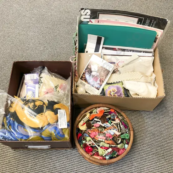 Two Boxes of Assorted Sewing Fabric Material etc.