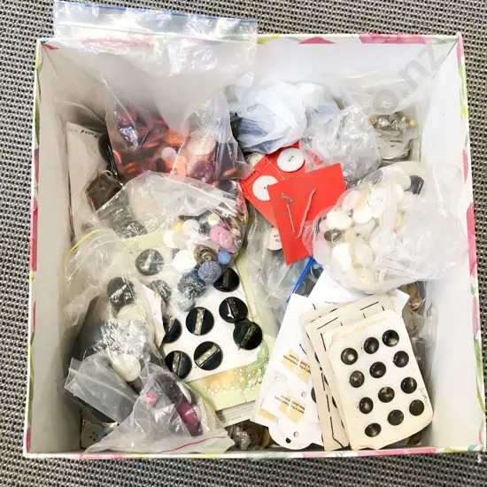 Box of Assorted Vintage Buttons etc.