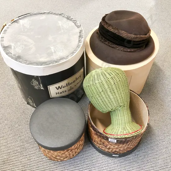 Two Vintage Hat Boxes togetehr with Cane Hat Stand etc.