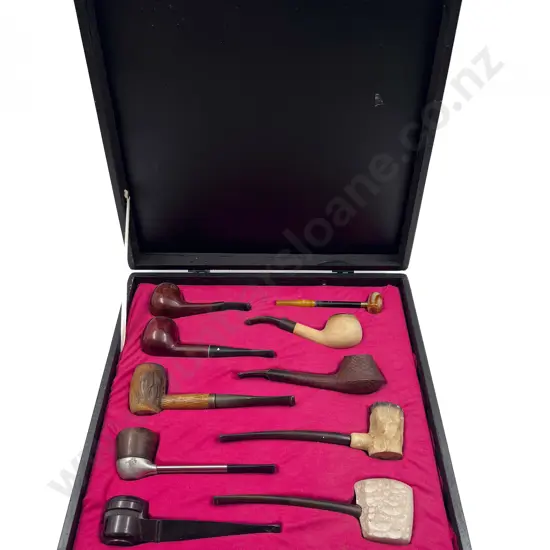 Cased Set of Ten Assorted Vintage Smoking Pipes