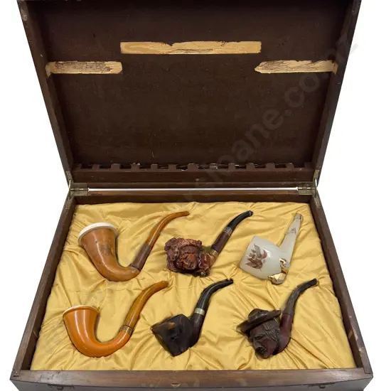 Cased Set of Six Assorted Vintage Smoking Pipes