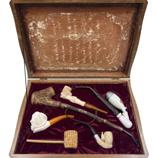 Cased Set of Six Assorted Vintage Smoking Pipes
