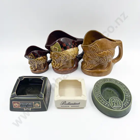 Three Assorted McCallum Whisky Jugs and Three Ashtrays