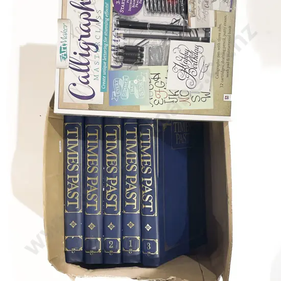 Three Assorted Caligraphy Kits together with Five Volumes of Times Past