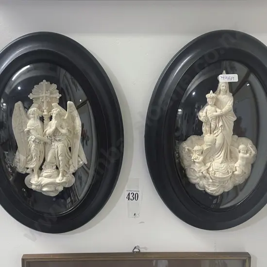 Two Repro Resin Ecclesiastical Group Figures Framed in Convex Glass