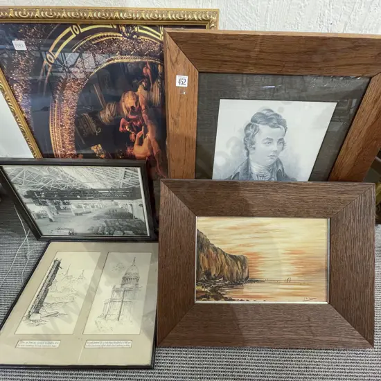 Two Oak Framed Prints together with Three Others