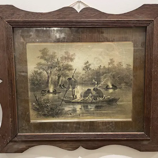 Oak Framed Coloured Bookplate with Aboriginal Motif