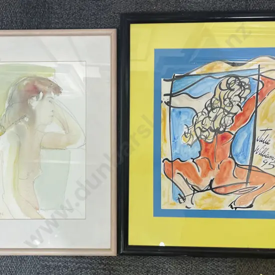 Catherine Chamberlain Nude Study Watercolour and Graphite together with Julie Williams Abstract