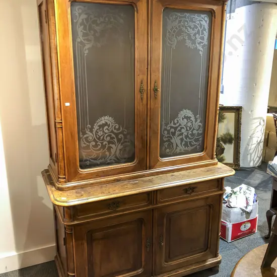 French Walnut Bookcase Cabinet with Frosted Decorative Glass Panel Doors