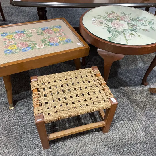 Two Tapestry Topped Coffee Tables together with Rush Top Stool