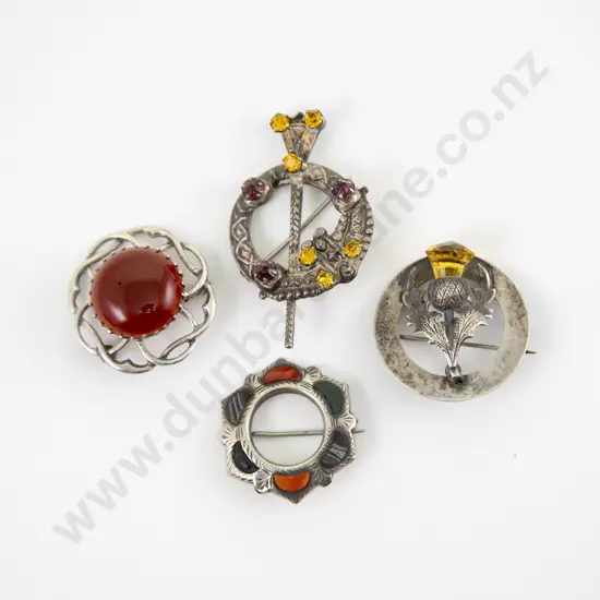 Edwardian Scottish Silver Thistle Brooch with Three Others