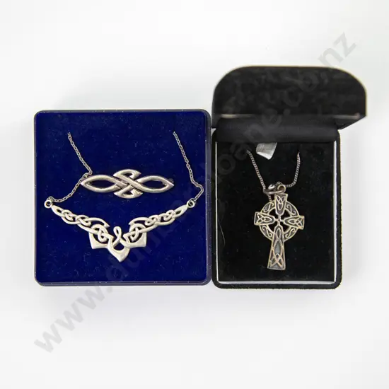 S/S Celtic Design Necklace and Matching Brooch with Cross Pendant