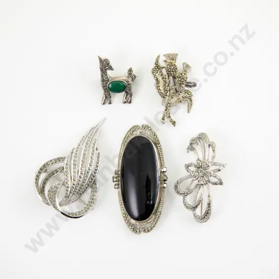 Five Silver Marcasite Brooches
