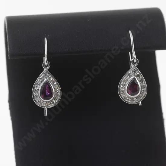 Pair 9ct 13Stone Diamond and Ruby Pendant Drop Earrings