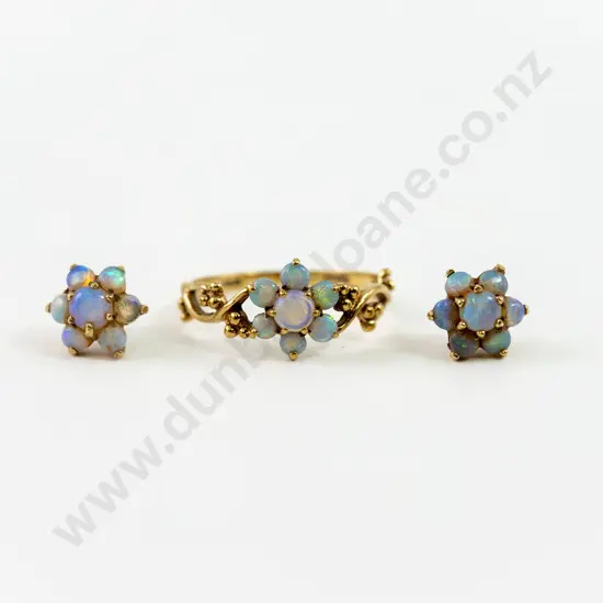 9ct Seven Stone Opal Floret Cluster Ring and Matching Earrings