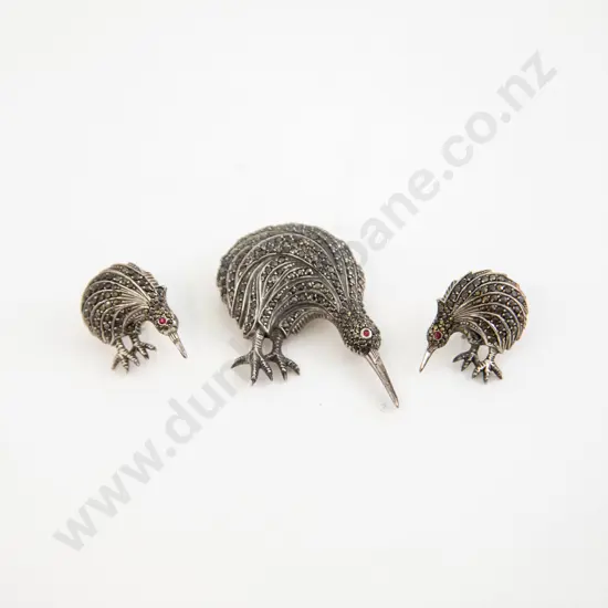 S/S Marcasite Kiwi Brooch with Matching Earrings