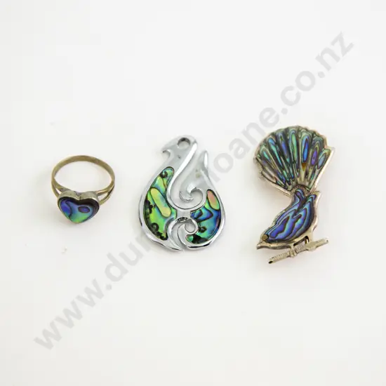 NZ S/S Paua Fantail Brooch with Pendant and Ring