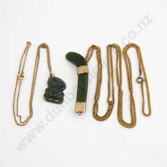9ct Mount Greenstone Hockey Stick and Tiki Pendants