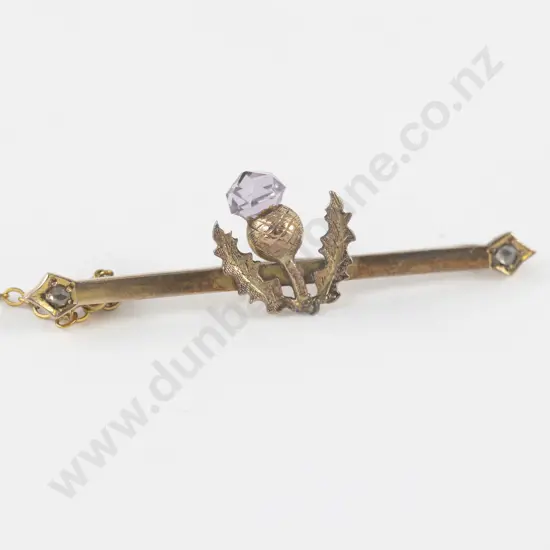 9ct Three Stone Diamond and Amethyst Thistle Bar Brooch