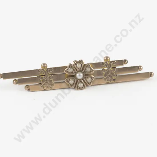 Edwardian 9ct Seven Stone Seed Pearl Triple Bar Brooch