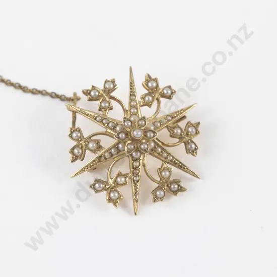 Victorian 15ct Seed Pearl Star Burst Brooch