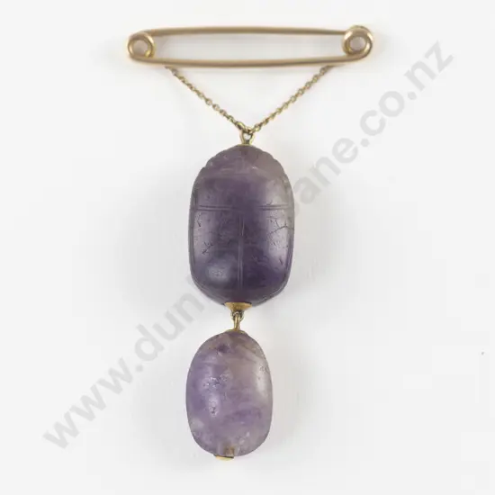 Victorian Gold Mounted Carved Amethyst Scarab Beetle Brooch