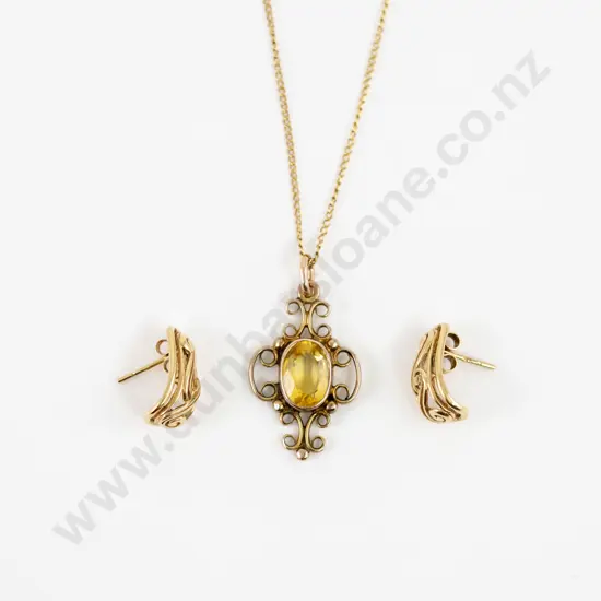 Pair 9ct Half Hoop Earrings with 9ct Citrine Pendant