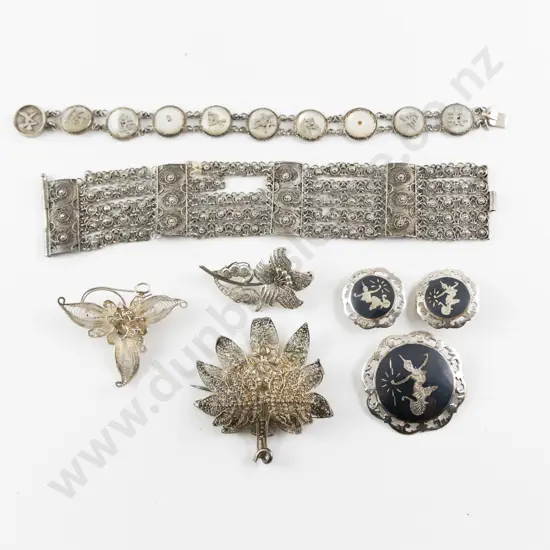 Thai Silver and Enamel Brooch and Earrings with Filigree Jewellery