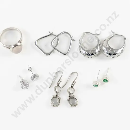 S/S Moonstone Ring and Earring Set with Small Collection of S/S Earrings