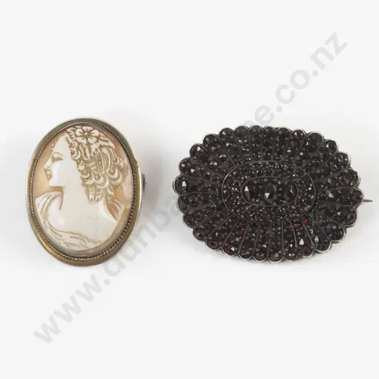 Victorian Fancy Garnet Brooch and S/S Framed Portrait Cameo Brooch