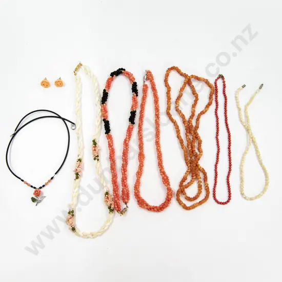 Five Coral Beaded Necklaces with Earrings and Two MOP Necklaces