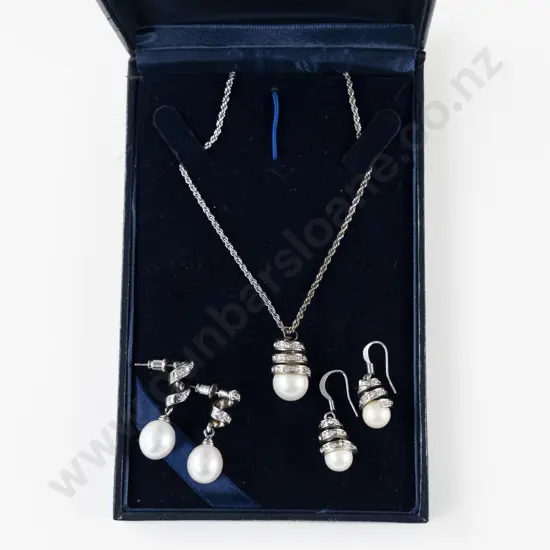 Single Bead Pearl and Crystal Pendant with Two Pair Matching Earrings