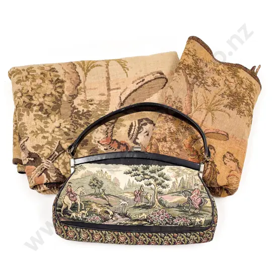 Two Vintage Machine Woven Tapestry Panels and Tapestry Purse