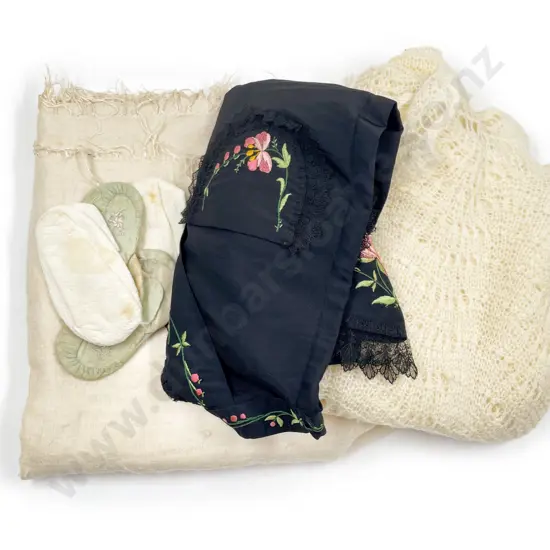 Victorian Fine Wool Shawl with Crocheted Cot Cover Booties and Black Embroidered Apron