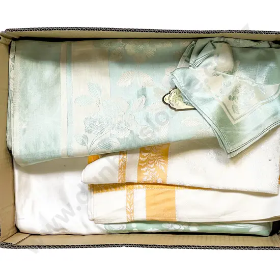 C1950's Cromlech Fabrics Ireland and Other Green and Gold Patterned Damask Linen Table Cloths