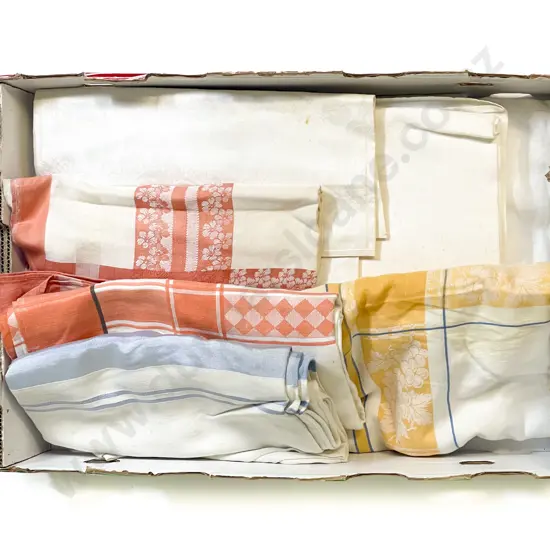 Five Vintage Damask Linen Table Cloths and Four Coloured Pattern Table Cloths