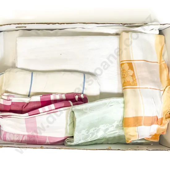 Five Vintage Damask Linen Table Cloths and Four Coloured Pattern Table Cloths