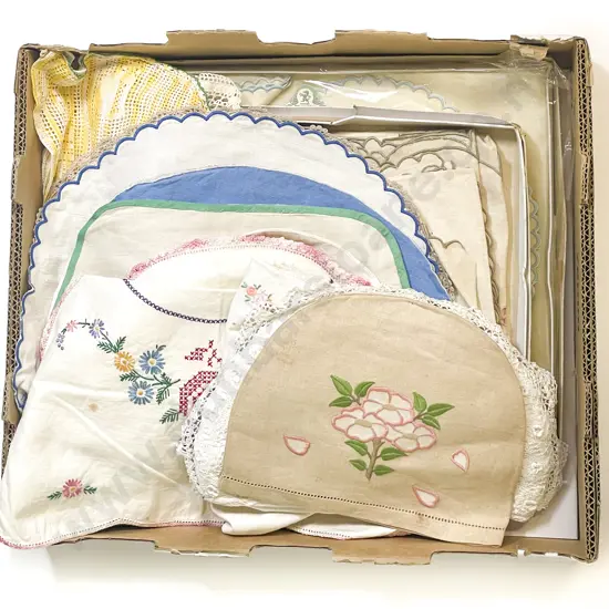 Unused Irish Linen Afternoon Tea Table Setting together Collection Embroidered Tea Cosies