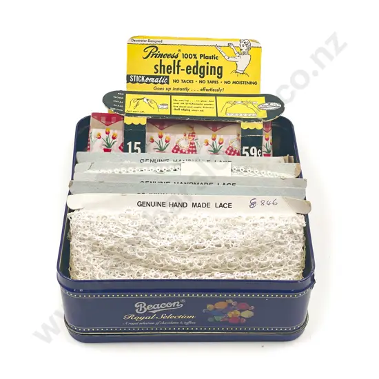 Vintage Five Carded (China) Hand Made Cotton Lace Lengths and Two Plastic Shelf Edgings