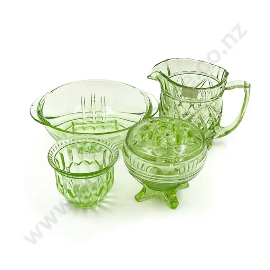 Four Pieces of Assorted Pressed Glass Ware together with Flower Frog