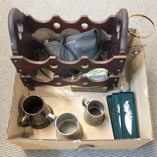 Box of Assorted Vintage incl Wine Rack & Mixed pewter * (PHOTO CHANGE)
