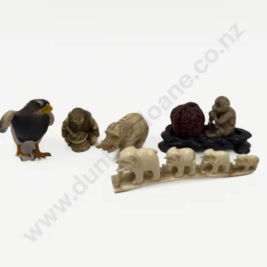 Ivory Small Elephant Bridge Elephant coloured Eagle Netsuke Soapstone Monkey and Walnut faults