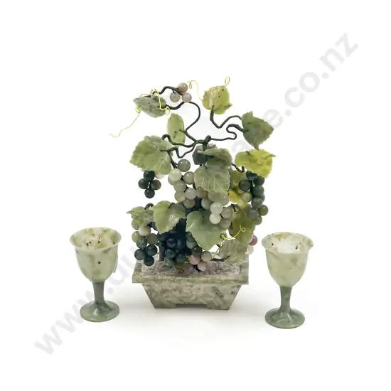 Pair of Small Jade Goblets together with Soapstone Grapevine Ornament